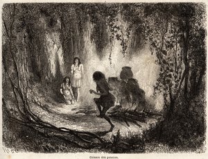 Das Brennen von Töpferwaren durch die Conibo-Indianer von Peru, mit der Anwesenheit einer alten Frau, die singt und um das Feuer tanzt, um böse Geister davon abzuhalten, die Töpferwaren zu berühren und zu zerbrechen von Edouard Riou