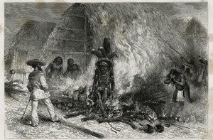 Die Einäscherung eines Roucouyenne (oder Wayana), Stammes, der entlang der Mana- und Maroni-Flüsse lebt, vor dem Scheiterhaufen, Dr. Crevaux, Gravur von Riou, um die Reise der Erkundung im Inneren von Guyana von Dr. Jules Crevaux, Arzt der französischen Ma