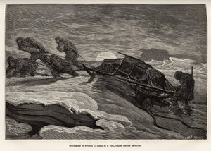 Die Besatzung des Schiffes La Germania, die auf dem Eis für ein Jagdspiel abgestiegen ist, zog ihren Schlitten auf dem Eis, während die Sonne untergeht, graviert nach der Zeichnung von E. Riou, zur Illustration einer Reise zum Nordpol in den Jahren 1869-18