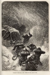 Die Besatzung des Schiffes La Germania, die auf dem Eis für ein Jagdspiel abgestiegen war, wurde von einem Schneesturm überrascht, während sie den Schlitten mit ihrem Material schleppte, Gravur nach der Zeichnung von E. Riou, zur Illustration einer Reise z