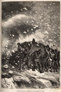 Das Boot der Besatzung wird in einem schrecklichen Sturm gefangen, die Männer ohne Seile und Haken halten ihr Boot mit der Kraft ihrer Arme, geätzt nach einer Zeichnung von E. Riou, die die Geschichte der Polaris, Eisscholle, von Leutnant Tyson, 1870-1873, von Edouard Riou