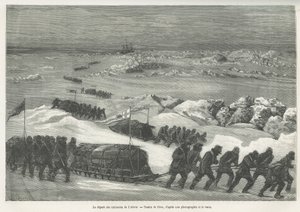 Der Aufbruch der Alert-Schlitten, Schiff der Polarexpedition, Zeichnung von Riou, um die Geschichte einer Reise zum Polarmeer in 1875-1876 zu illustrieren, von Kapitän G.S. Nares. Gravur in Le tour du monde.