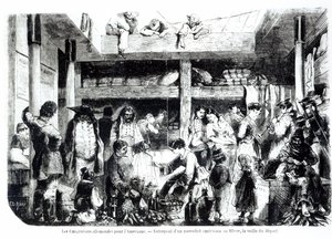 Der Vorabend der Abreise nach Amerika - Deutsche Auswanderer auf dem Weg in die USA im Zwischendeck eines amerikanischen Liners im Hafen von Le Havre, um 1850 von Edouard Riou