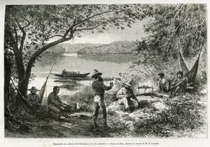 Das Lager der Entdecker, an der Mündung des Orenoque und des Cabullero-Flusses. Gravur von Riou, zur Illustration der Entdeckungsreise durch Neugranada und Venezuela, von Dr. Crevaux, erstklassiger Marinearzt und E.Lejeanne, Marinepharmazeut