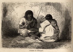 Das Spiel des Bilboquet, mit einem Schildkrötenkopf, unter den Conibos-Indianern von Peru, Zeichnung von Riou zur Illustration der Reise von 1848 bis 1860 von P. Marcoy, vom Pazifischen Ozean zum Atlantischen Ozean. Gravur in „Le tour du monde“, herausgege von Edouard Riou