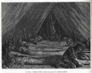Das Innere des Zeltes auf der Eisscholle, Zeichnung von Riou, um die Geschichte einer Reise zum Polarmeer in 1875-1876 von Kapitän G. S. Nares (1831-1915) zu illustrieren. Gravur in Le tour du monde von Edouard Riou