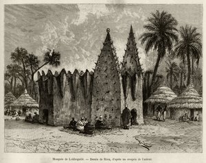 Die Moschee von Lokhognile (Golf von Guinea). Gravur von Riou zur Illustration der Geschichte „Vom Niger zum Golf von Guinea“ von Kapitän Louis Gustave Binger (1856-1936), 1887-1889, in Le tour du monde, nouveau journal des voyages, unter der Leitung von