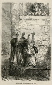 Die Bestrafung der Gottlosigkeit, zwei Kinder knien auf einer Stange, die auf Pflöcken platziert ist, und werden in ihrem Leiden von der Gemeinde des Dorfes beobachtet, Zeichnung von E. Riou, um die Reise in die Region Titicaca und die Täler des Ostens von von Edouard Riou