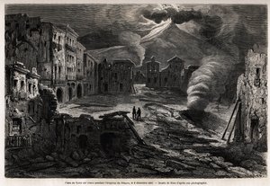 Der Platz von Torre del Greco, während des Ausbruchs des Vesuvs, 8. Dezember 1861, Zeichnung von Riou zur Illustration der Spaziergänge rund um Neapel von Marc Monnier, im Jahr 1862. Gravur in „Le tour du monde“, herausgegeben von Edouard Charton von Edouard Riou