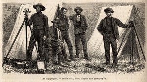 Das Team der Topographen mit ihrem Material, der amerikanischen geologischen Mission, Gravur nach der Zeichnung von F. Riou, zur Illustration einer Reihe von geografischen Missionen durch den United States National Park, von 1870 bis 1872, von Messrs Hayde von Edouard Riou