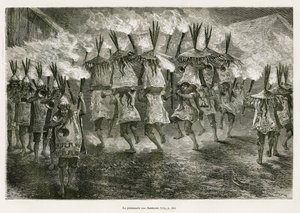 Der Fackelzug durch die Straßen von San Jose, Zeichnung von E. Riou, um die Reise in die Region Titicaca und die Täler des Ostens von Unterperu in 1873 von Paul Marcoy zu illustrieren. Gravur in Le tour du monde von Edouard Riou