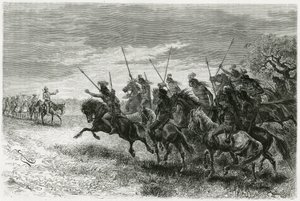 Tobas-Indianer (aus der Chaco-Region, zwischen Paraguay und Bolivien) weigern sich, zur Kolonne der Thouar-Expedition zu gehen. Gravur von Riou, zur Illustration der Geschichte „Auf der Suche nach den Überresten der Crevaux-Mission“, 1884, von A. Thouar.