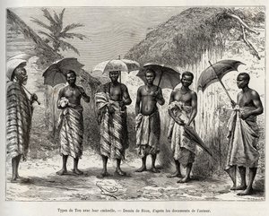 Ton-Typ mit ihrem Regenschirm. Gravur von Riou, zur Illustration der Geschichte „Von Niger zum Golf von Guinea“ von Kapitän Louis Gustave Binger (1856-1936), in 1887-1889, in Le tour du monde, nouveau journal des voyages, unter der Leitung von Edouard Char von Edouard Riou