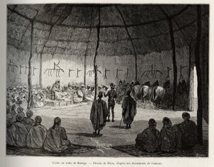 Besuch beim Naba von Karaga (Ghana). Gravur von Riou zur Illustration der Geschichte „Vom Niger zum Golf von Guinea“ von Hauptmann Louis Gustave Binger (1856-1936), veröffentlicht in Le Tour du monde