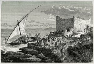 Mit dem Dung der Reisenden, die den Hafen von Moguedouchou (Mogadischu) betreten, machen die Matrosen einen großen Lärm, um die Menschen anzulocken, die sie mit Begeisterungsrufen empfangen. Gravur von Riou, zur Illustration der Geschichte „Reise bei den B von Edouard Riou