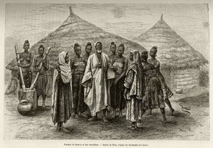 Frauen von Samory Toure (circa 1835-1898), Kriegsherr der Niger-Schleife und ihr Aufseher, Sonninke, der Arabisch lesen und schreiben kann, wie das Papier in seiner Hand zeigt. Gravur von Riou, zur Illustration der Geschichte 