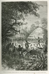 Yacouman, Roucouyenne-Häuptling, Stamm von Guayana am Ufer des Oyapock, der den Teufel vertreibt, er geht nach der Geburt eines Kindes durch das Dorf und besprengt mit einem Federpinsel eine milchig-weiße Flüssigkeit, Illustration nach einer Zeichnung von 