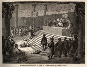 Ein chinesisches Gericht, der Angeklagte erscheint vor Gericht, umgeben von einem Gendarmen, der ihn in Ketten hält, und seinem Metzger. Zeichnung von Vaumort zur Illustration der Reise von Shanghai nach Moskau 1859-1862 von M. de Bourboulon, französischer