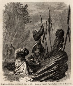Mongolen in Andacht zu einem Obo, nahe den Bakka- und Mongolei-Bergen, Zeichnung von Vaumort zur Illustration der Reise von Shanghai nach Moskau von 1859 bis 1862 von M. de Bourboulon, französischer Minister in China. Gravur in 