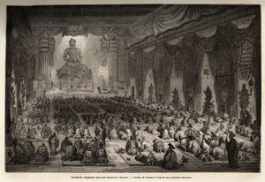 Religiöse Zeremonie in einer chinesischen Lamasserie, Zeichnung von Vaumort (?-1886), zur Illustration der Reise von Shanghai nach Moskau von 1859 bis 1862 von M. de Bourboulon, französischer Minister in China. Gravur in „Le tour du monde“, herausgegeben v von Edouard Vaumort