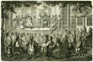 Ansicht einer Aufführung der Peking-Oper (Beijing), China, nach der Reiseerzählung von Madame de Bourboulon. Gravur nach einer Zeichnung von Vaumort, in „Le Tour du Monde, Nouveau journal des Voyages“, herausgegeben von Edouard Charton, Paris von Edouard Vaumort