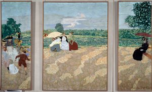 Die öffentlichen Gärten: Die Kindermädchen, Das Gespräch und der rote Regenschirm - Triptychon für die Dekoration des Herrenhauses von Alexandre Natanson