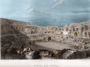 Die Arenen von Nimes, Gard, Languedoc-Roussillon, Frankreich. Gravur von Willmann in „La France ancienne et moderne“ von Jean-Bernard Mary-Lafon