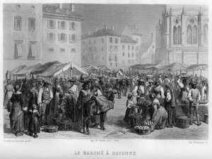 Markt in Bayonne, Pyrénées-Atlantiques, Aquitaine, Frankreich. Gravur von Willmann in „La France ancienne et moderne“ von Jean-Bernard Mary-Lafon von Edouard Willmann