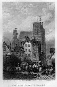 Marktplatz der Stadt Abeville, Somme, Picardie, Frankreich. Gravur von Willmann in „La France ancienne et moderne“ von Jean-Bernard Mary-Lafon von Edouard Willmann