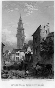 Ansicht von Landerneau und der Kirche Saint Thomas, Finistere, Bretagne, Frankreich. Gravur von Willmann in „La France ancienne et moderne“ von Jean-Bernard Mary-Lafon (Jean Bernard Mary Lafon) von Edouard Willmann