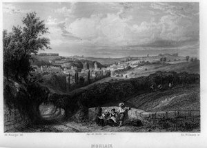 Ansicht der Stadt Morlaix, Finistère, Bretagne, Frankreich. Gravur von Willmann in „La France ancienne et moderne“ von Jean-Bernard Mary-Lafon von Edouard Willmann
