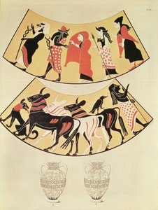 Entwürfe von einer etruskischen Vase, die eine Prozession von Priestern und das Abstecken der Grenzen einer neuen Stadt mit einem von Ochsen gezogenen Pflug darstellt