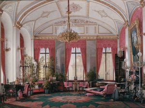 Innenräume des Winterpalastes. Das Himbeerzimmer von Kaiserin Maria Alexandrowna, 1860er Jahre