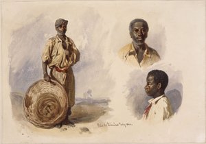 Drei Porträts von Afrobrasilianern: in Ganzfigur, stehend mit Korb, Brustbild eines Mannes en face und das eines Jungen im Profil von Eduard Hildebrandt