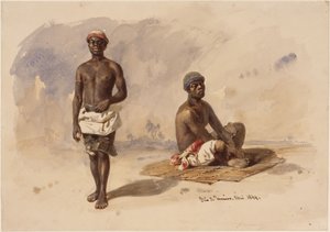 Zwei Afrobrasilianer; einer stehend, en face, der andere auf einer Schilfmatte sitzend von Eduard Hildebrandt