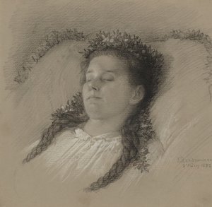 Ein Mädchen auf ihrem Sterbebett mit einer Blumenkrone von Eduard Julius Friedrich Bendemann