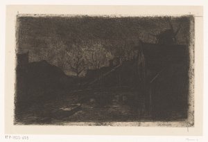 Landschaft mit Häusern und Mühle bei Abend