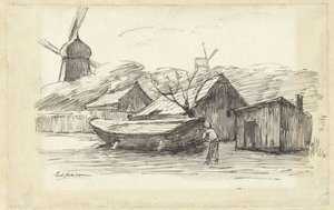 Boot, Häuser und eine Windmühle von Eduard Karsen