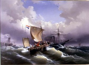 Schiffe in stürmischem Wasser vor einer Küste von Eduard Schmidt