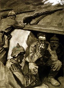 Eine Mundharmonika in den Schützengräben, Illustration aus einer deutschen Zeitschrift, 