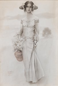 Ein Mädchen mit einem Krug und einem Blumenstrauß, 1914