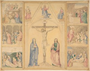 Christus am Kreuz mit sechs Szenen aus dem Leben Christi, ca. 1850 von Eduard von Steinle