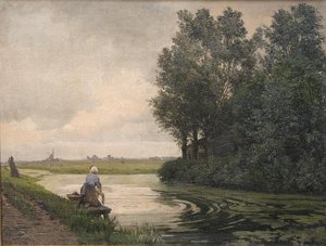 Holländische Landschaft. Ein Mädchen wäscht an einem Kanal von Edvard Petersen