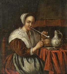 Eine Frau, die an einem Tisch eine Pfeife raucht von Edwaert Colyer or Collier