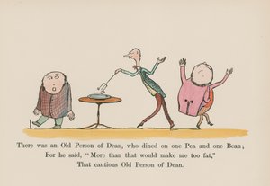 Es war eine alte Person aus Dean, die eine Erbse und eine Bohne aß (farbige Gravur)