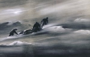 Drei Männer mit einem Schlitten im Schnee (1910-12)