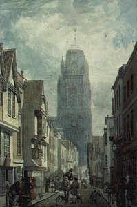 Redcliffe Street, Bristol, zeigt den Turm der Kirche St. Mary Redcliffe von Edward Cashin