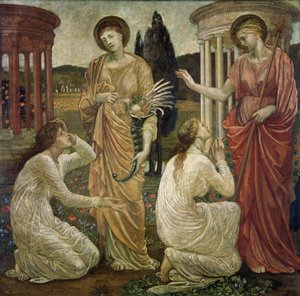 Cupid und Psyche - Palace Green Wandgemälde - Psyche an den Schreinen von Juno und Ceres, 1881 von Edward Burne Jones