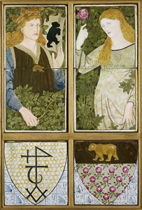 König Artus und Königin Guinevere, Sechsteilige Fliesenplatte hergestellt von Morris, Marshall, Faulkner & Co. von Edward Burne Jones