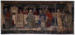 Suche nach dem Heiligen Gral, Tapisserien, Tafel 1, Ritter der Tafelrunde von der seltsamen Jungfrau zum Quest gerufen, 1898-1899 von Edward Burne Jones